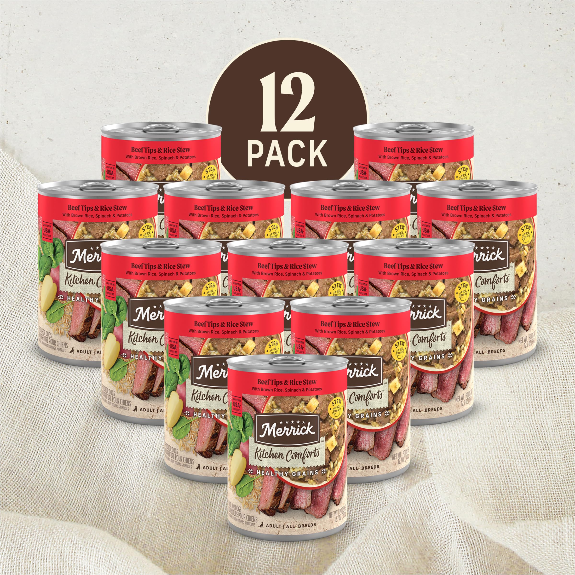 Merrick Kitchen Comforts Healthy and Natural Canned Adult Dog Food with Gravy, Beef Tips and Rice Stew - (Pack of 12) 12.7 oz. Cans - Image 4